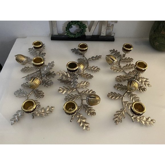 Silver & Gold Tone Horizontal Candlestick Stick Holder Leaf w Hazelnut Design - Picture 7 of 16